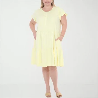 White Mark Flutter Womens Plus Scoop Neck Short Sleeve A-line Dress In Yellow