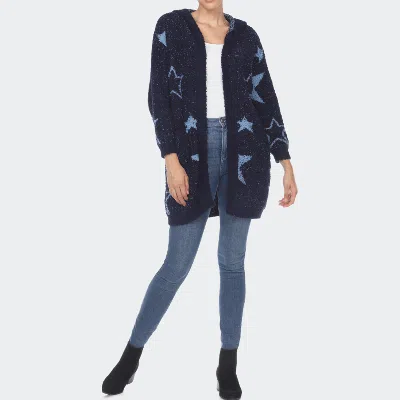 White Mark Hooded Open Front Sherpa Coat In Blue