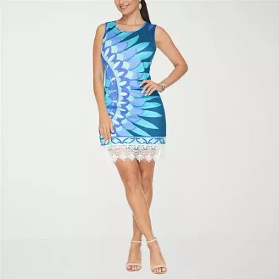 White Mark Lace Hem Womens Long Sleeve Sheath Dress In Blue