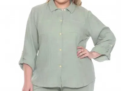 White Mark Long Sleeve Button Down Top - Plus In Olive In Green