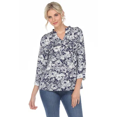 White Mark Pleated Long Sleeve Floral Print Blouse In Blue