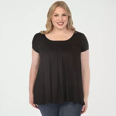 White Mark Plus Cap Sleeve Pleated Womens Scoop Neck Short Sleeve Tunic Top In Black