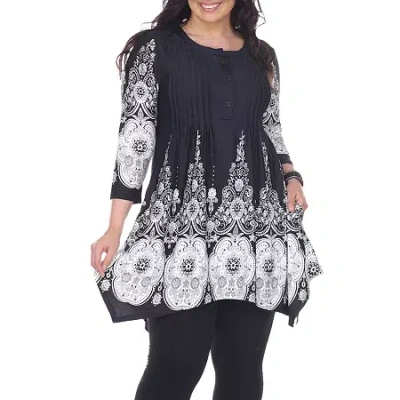 White Mark Plus Dulce Womens Henley Neck 3/4 Sleeve Tunic Top In Black
