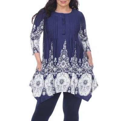 White Mark Plus Dulce Womens Henley Neck 3/4 Sleeve Tunic Top In Blue