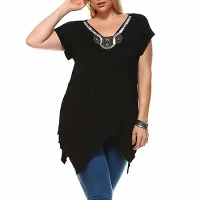 White Mark Plus Grace Womens V Neck Short Sleeve Embellished Tunic Top In Black