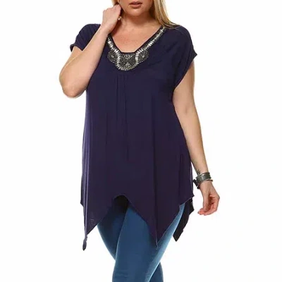 White Mark Plus Grace Womens V Neck Short Sleeve Embellished Tunic Top In Blue