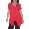 White Mark Plus Grace Womens V Neck Short Sleeve Embellished Tunic Top In Red