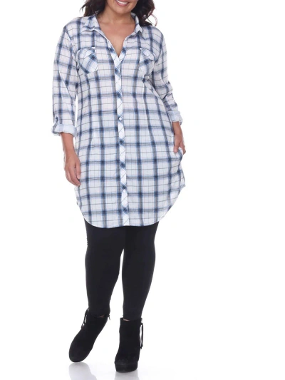 White Mark Plus Piper Womens Plaid Button Front Tunic Top In Blue White