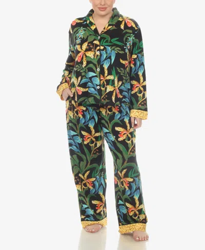 White Mark Plus Size 2 Pc. Wildflower Print Pajama Set In Black