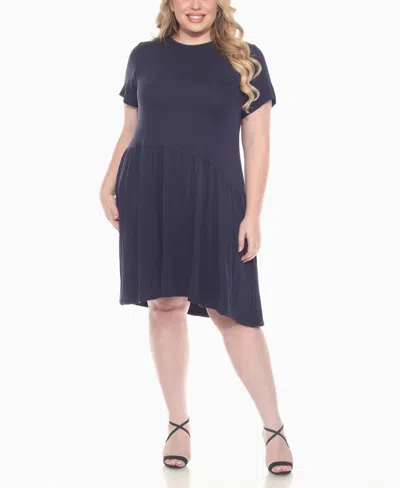 White Mark Plus Size Asymmetrical Waist And Short Sleeve Swing Dress In Blue