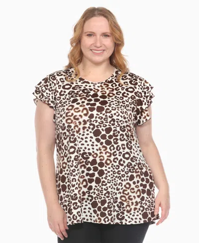 White Mark Plus Size Bold Leopard Print Ruffle Sleeve Top In Brown