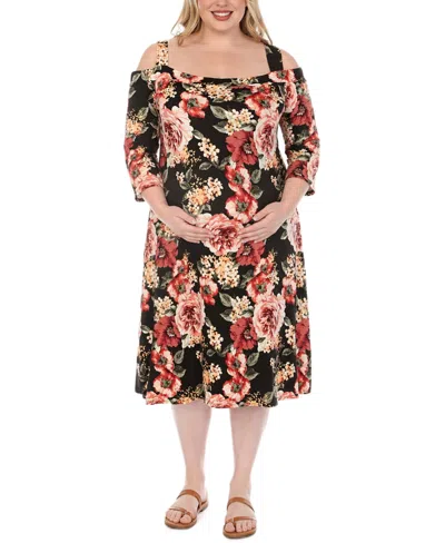 White Mark Plus Size Cold Shoulder Floral Print Maternity Dress In Brown