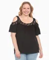 White Mark Plus Size Cold Shoulder Lace Trim Knit Top In Black