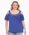 White Mark Plus Size Cold Shoulder Lace Trim Knit Top