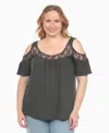 White Mark Plus Size Cold Shoulder Lace Trim Knit Top