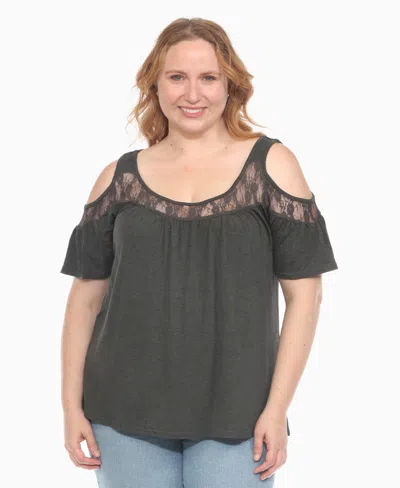 White Mark Plus Size Cold Shoulder Lace Trim Knit Top In Black