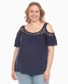 White Mark Plus Size Cold Shoulder Lace Trim Knit Top