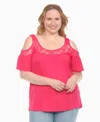 White Mark Plus Size Cold Shoulder Lace Trim Knit Top