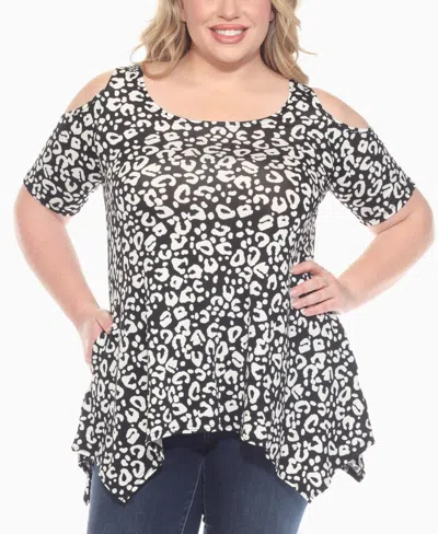 WHITE MARK PLUS SIZE COLD SHOULDER LEOPARD PRINT SHORT SLEEVE KNIT TOP