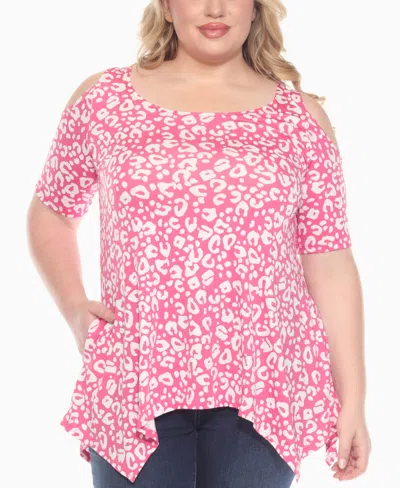 White Mark Plus Size Cold Shoulder Leopard Print Short Sleeve Knit Top In Pink