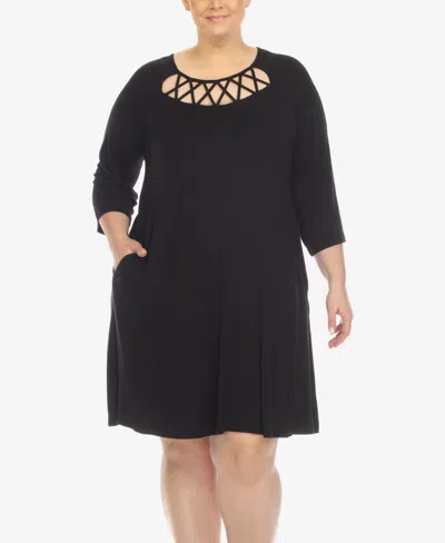 WHITE MARK PLUS SIZE CRISS CROSS NECKLINE 3/4 SLEEVE SWING DRESS