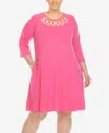 White Mark Plus Size Criss Cross Neckline 3/4 Sleeve Swing Dress In Fuchsia
