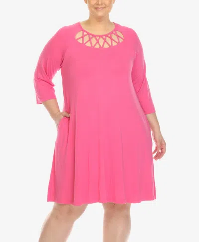 White Mark Plus Size Criss Cross Neckline 3/4 Sleeve Swing Dress In Fuchsia