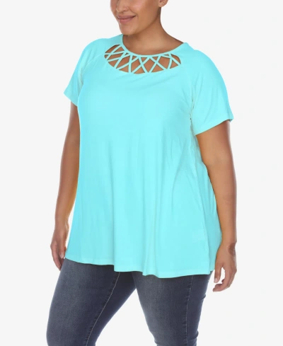 White Mark Plus Size Crisscross Cutout Short Sleeve Top In Aqua