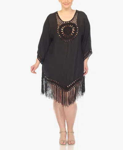 White Mark Women's Plus Size Crocheted Fringed Trim Dress Cover Up In Black