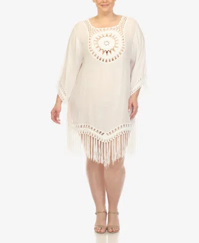 White Mark Plus Size Crocheted Fringed Trim Cover Up Dress In White