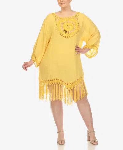 White Mark Plus Size Crocheted Fringed Trim Cover Up Dress In Yellow