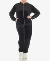 White Mark Plus Size Faux Leather Stripe Velour 2 Piece Tracksuit Set In Black