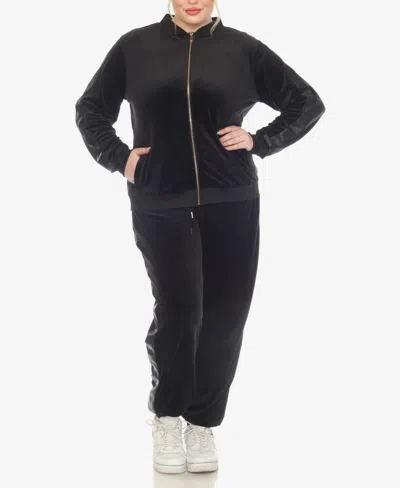 White Mark Plus Size Faux Leather Stripe Velour 2 Piece Tracksuit Set In Black