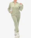 White Mark Plus Size Faux Leather Stripe Velour 2 Piece Tracksuit Set In Sage