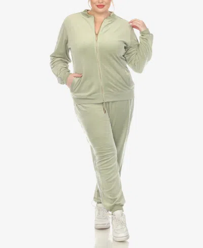 White Mark Plus Size Faux Leather Stripe Velour 2 Piece Tracksuit Set In Sage