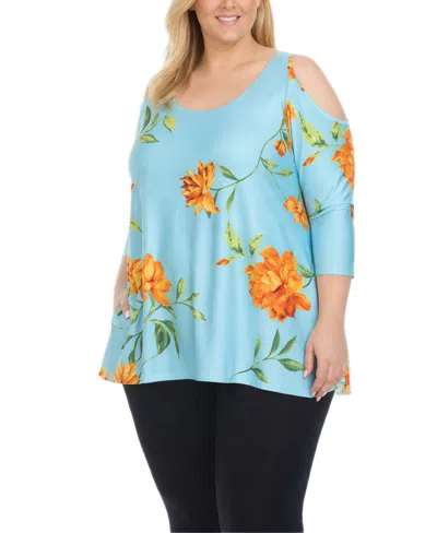 White Mark Plus Size Floral Cold Shoulder Knit Tunic Top In Blue