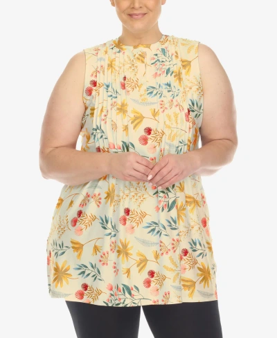 White Mark Plus Size Floral Sleeveless Tunic Top In Beige