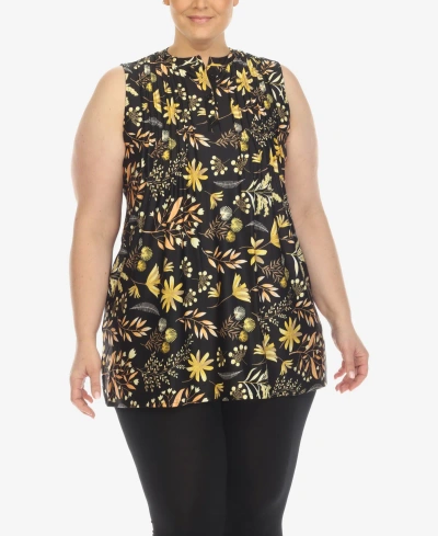 White Mark Plus Size Floral Sleeveless Tunic Top In Black