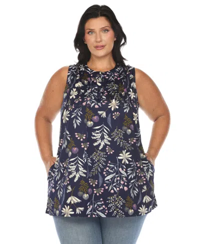 White Mark Plus Size Floral Sleeveless Tunic Top In Navy