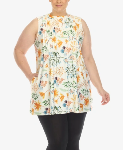 White Mark Plus Size Floral Sleeveless Tunic Top In White