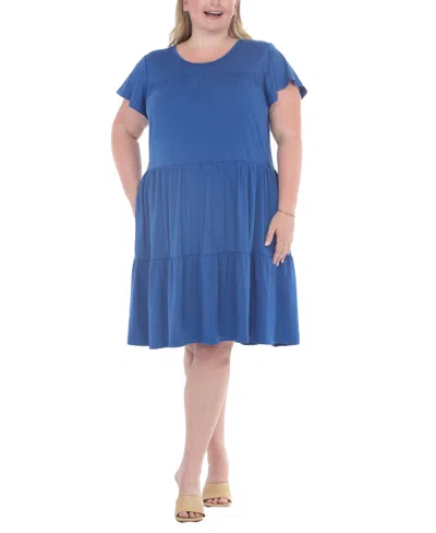 White Mark Plus Size Flutter Sleeve Ruffle Tiered Dress In Blue