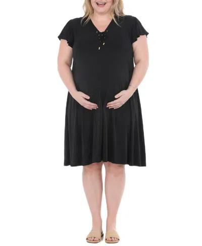 White Mark Plus Size Flutter-sleeve Tie-neck Maternity Dress In Black
