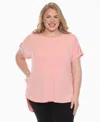 White Mark Plus Size Folded Short Sleeve Solid Top In Pink
