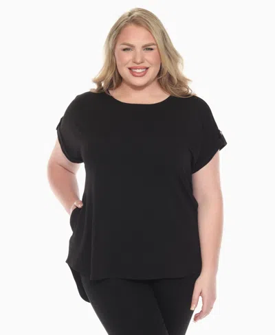 White Mark Plus Size Folded Short Sleeve Solid Top In Black