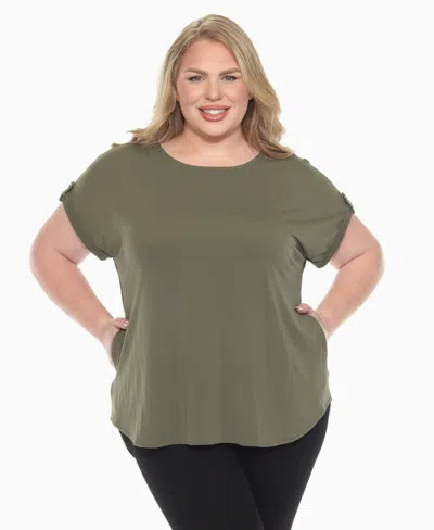 White Mark Plus Size Folded Short Sleeve Solid Top In Green