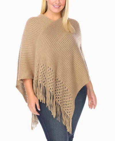 White Mark Plus Size Fringe Knit Pull Over Poncho In Brown