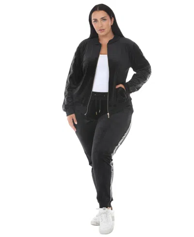 White Mark Plus Size Full-zip Ribbed Velour Side-stripe Top And Joggers, 2-piece Set In Black