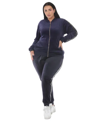 White Mark Plus Size Full-zip Ribbed Velour Side-stripe Top And Joggers, 2-piece Set In Blue