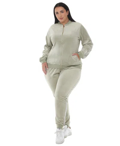 White Mark Plus Size Full-zip Ribbed Velour Side-stripe Top And Joggers, 2-piece Set In Gray
