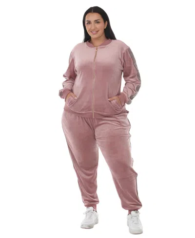 White Mark Plus Size Full-zip Ribbed Velour Side-stripe Top And Joggers, 2-piece Set In Pink